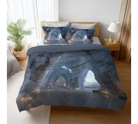 Housse de Couette 220 x 260 cm Bleu Tranquille Parure de Lit Adulte avec Fermeture Éclair, Doux Neige Église Linge de Lit Parure Housse Couette en Microfibre + 2 Taie d'oreiller 65x65 cm