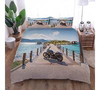 Housse De Couette 220x240 Adulte 3D Pont Bleu Vue Lac Couette 220x240 4 Saisons, 2 Personnes en Microfibre, Motif 3 Pièces Ensemble De Literie avec 2 Taie d'oreiller, Fermeture Éclair