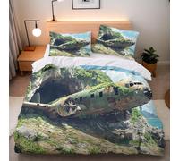Housse de Couette 220x240 Adulte Avion Camouflé 3D Parure de Lit 2 Personnes en Microfibre Armes Militaires 3 Pièces Ensemble de literie Vert Camouflage avec Fermeture Éclair et 2 Taies d'oreiller T5