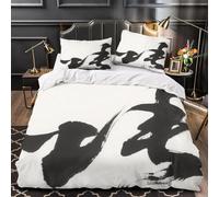 Housse de Couette 220x240 Adulte Calligraphie Chinoise 3D Imprimé Parure de Lit 2 Personnes Peinture à L'encre Noire 3 Pièces Doux Microfibre avec Fermeture Éclair et 2 Taies d'oreiller 65x65 cm c.370