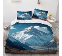 Housse de Couette 220x240 Adulte Montagne Enneigée 3D Parure de Lit 2 Personnes en Microfibre Paysage Naturel 3 Pièces Ensemble de literie Bleu avec Fermeture Éclair et 2 Taies d'oreiller h-997