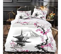 Housse De Couette 220x240 Adultes 3D Pagode Branches De Sakura Parure de Lit 2 Personnes Style Oriental Douce Microfibre Housse De Couette 3 pièces avec Fermeture Éclair+2 Taies d'oreiller 50x75cm
