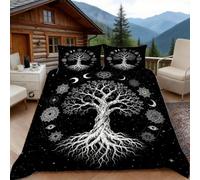 Housse de Couette 220x240 Arbre de Vie, 2 Personnes, Parure de Lit Lignes Noir et Blanc Microfibre avec 2 x Taie d'oreiller 65x65 cm avec Fermeture éclair