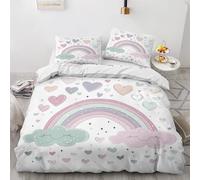 SUWALI Housse de Couette 220x240 Arc en Ciel, Parure de Lit Cœur Enfant 2 Personnes avec Fermeture Éclair, Microfibre Imprimée Réversible Sets avec 2 Taies d'oreiller 65 x 65 cm