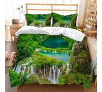Housse de Couette 220x240 Cascade de La Forêt Verte, Parure de Lit 2 Personnes Paysage Naturel, Douce Microfibre 3D Imprimée Housses Couettes avec 2 Taies d'oreiller avec Fermeture éclair G1344