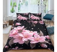 Housse de Couette 220x240 Cerisiers en Fleurs Nocturnes Parure de Lit 2 Personnes Fleurs Romantiques Imprimée 3D Microfibre Literie Set 3 Pièces avec Housses Couettes et 2 Taies d'oreiller E-6031