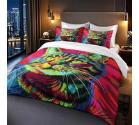 Housse De Couette 220X240 Chats Colorés Imprimé Microfibre Brossée Douce Housse De Couette - Fermeture Éclair, avec 3 Taie d'oreiller