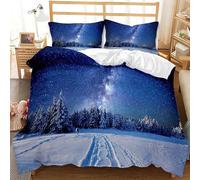 Housse de Couette 220x240 cm Ciel éToilé Bleu Parure de Lit 220x240 ScèNe De Neige Housses de Couettes 3D Imprimé Microfibre Parure de Lit avec Fermeture Éclair et 2 Taie d'oreiller 65x65cm