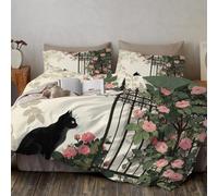 Housse de Couette 220x240 cm, Dessin Animé Rétro Parure de Lit 2 Personnes, Housse de Couette Imprimé Chat Noir Grille En Fer Rose Microfibre, Ensemble de Literie Noir Réversible avec Fermeture Éclair