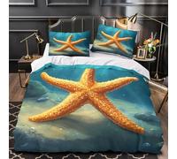 Housse de Couette 220x240 cm étoile de Mer Dorée 3D Imprimé Parures de Lit sous la Mer Douceur Microfibre 2 Personnes Literie avec Fermeture Éclair et Taie d'oreiller 65x65 cm e-784