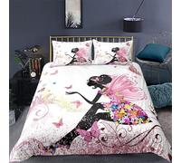 Housse de Couette 220x240 cm fée Papillon Parure de Lit 220x240cm avec 2 Taie d'oreiller 65x65cm. Ensemble de Literie Ultra-Doux 2 Personnes avec Fermeture éclair