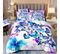 Housse de Couette 220x240 cm imprimé Papillons Aquarelle Adulte 2 Personnes avec Fermeture Éclair Set pour lit double Parure de lit 3Pièces 100% Microfibre Douce et 2 taies d'oreiller 75x58cm