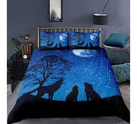 Housse De Couette 220X240 Cm - Parure De Lit 1/ 2 Personnes - Housse Couette 3D Loup Animal Étoile Hurlant Avec Fermeture Éclair - Sets De Housse Couette Imprimé Avec 2 Taies D'Oreiller 65X65 Cm