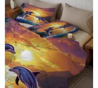 Housse de Couette 220x240 cm, Photographie Océanique De Rêve Parure de Lit, Housse de Couette Imprimé Dauphins Coucher De Soleil Montagnes Microfibre, Ensemble de Literie Couleur Orange Réversible