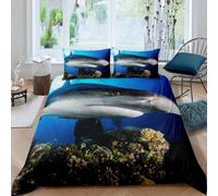Housse de Couette 220x240 cm Requins des Profondeurs 3D Imprimé Parures de Lit Animaux sous-Marins Douceur Microfibre 2 Personnes Literie avec Fermeture Éclair et Taie d'oreiller 65x65 cm e-808