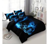 Housse de Couette 220x240 cm Thème du Film Crâne De Flamme Bleue Noir Parure de lit Adult Enfant avec 1/2 Taie d'oreiller 65x65 Reversible Parure Housse Couette 2 Personnes en Polycoton