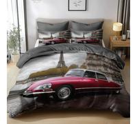 Housse de Couette 220x240 cm Tour Eiffel et Voiture Rétro, Parure Lit Paris | Ensemble de Literie avec 2 Taies d'Oreiller 65x65 cm, Microfibre Douce Respirante, Zip Robuste, Décor Paris Nostalgie