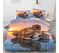 Housse de Couette 220x240 Coucher de Soleil Parure de Lit 220x240 Adulte 2 Personne avec 2 Taie d'oreiller 65x65cm avec Fermeture ÉClair, Lion Ensembles de Housses de Couette en Microfibre