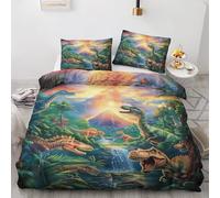 Housse de Couette 220x240 Dinosaure - Decoration Dinosaure, Parure de Lit 2 Personnes Garçon Dino Volcan, Linge de Lit en Microfibre Douce avec Fermeture éclair, 2 Taies d'oreiller 65x65 cm J*&77