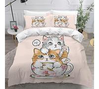 Housse de Couette 220x240 Enfant Chat 3D Imprimé Fille Parure de lit 2 Personnes Dessin Animé 3 Pièces Confortable Doux Microfibre avec Fermeture Éclair Literie et 2 Taie d'oreiller