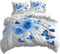 Housse de Couette 220x240 Fleurs Bleues Parures de Lit 3D Imprimée Douce Literie Set Fleurs Et Papillons Microfibre Housses de Couettes 2 Personnes avec 2 x Taie d'oreiller 65x65 cm r.3132