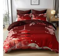 Housse de Couette 220x240 Fleurs de Cerisier Japonais, Rouge Japonais Parure de Lit Réversible 3D Housse Couette 2 Personnes Microfibre, 2 Taies d'oreiller 65x65 cm avec Fermeture Éclair 1095-ABC