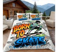 Housse de Couette 220x240 Graffiti de Skateboard, 2 Personnes, Parure de Lit Mur de Briques Microfibre avec 2 x Taie d'oreiller 65x65 cm avec Fermeture éclair
