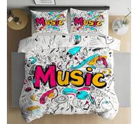 Housse de Couette 220x240 Graffiti Style Note De Musique Parure de Lit Adulte Réversible avec Fermeture Éclair, Housse de Couette 2 Personnes Imprimée Pop Art Illustration et 2 Taie d'oreiller