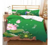 Housse de Couette 220x240 Grenouille Parure de lit 2 Personnes Motif de Lotus 3D Imprimée Ultra Doux Literie Set Microfibre Housses Couettes avec Fermeture Éclair et 2 Taies d'oreiller I-237