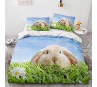 Housse de Couette 220x240 Lapin Parure de Lit 3D Imprimée Microfibre Herbe Verte Housse Couette 2 Personnes avec Fermeture éclair + 2 Taie d'oreiller 65x65 cm e-221