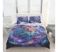 Housse de Couette 220x240 Lion Imprimé Univers Ciel Étoilé Parure de lit Réversible Microfibre avec Fermeture Éclair, 2 Personnes, Ensemble de Literie 3 Pièces et 2 Taies d'oreiller S18p