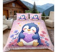 Housse de Couette 220x240 Manchot Imprimé, 2 Personnes, Parure de Lit Motif Dessin Animé Microfibre avec 2 x Taie d'oreiller 65x65 cm avec Fermeture éclair