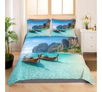 Housse de Couette 220x240 Montagnes Parure de Lit 3D Imprimée Microfibre Bateaux CôTiers Housse Couette 2 Personnes avec Fermeture éclair + 2 Taie d'oreiller 65x65 cm e-1103