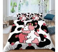 Housse de Couette 220x240 Motifs de Vaches 3D Parure de Lit Fraise Rose en Microfibre Doux Housses Couettes 2 Personnes avec Fermeture Éclair avec 2 Taies d'oreiller 65x65 cm J.3287