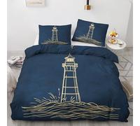Housse de Couette 220x240 Nautique - Parure de Lit 2 Personnes Reversible Motif Phare Bleu Marine avec Fermeture éclair - Ensemble de Literie en Microfibre Douce avec 2 Taies d'oreiller P#&-5