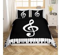 Housse de Couette 220x240 Notes de Musique, Parure de Lit Noir 3 Pièces Réversible 3D Adulte Microfibre Doux et Confortable Literie Set avec 2 Taies d'oreiller M/838