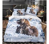 Housse de Couette 220x240 Ours Brun dans la Neige Parure de Lit Bêtes Féroces 3D Douce Respirante Microfibre Housse Couette 2 Personne avec Fermeture Éclair et 2 Taies d'oreiller l.1096