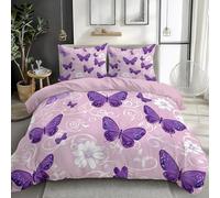 Housse de Couette 220x240 Papillon Violet Parures de Lit 3D Imprimée Douce Literie Set Fleur Rose Réversible Microfibre Housses de Couettes 2 Personnes avec 2 x Taie d'Oreiller 65x65 cm r.9441