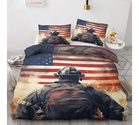 Housse de Couette 220x240 Pompier avec 2 Taies d'oreiller 65x65 cm - Decoration Pompier, Parure de Lit 2 Personnes Drapeau Américain, Linge de Lit en Microfibre Douce avec Fermeture éclair Z*&143