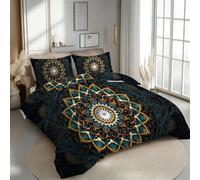 Housse de Couette 220x240 Réversible Fleurs Parure de Lit 2 Personnes Style Bohème Et Ethnique 3D Douce Microfibre 3 Pièces avec Fermeture Éclair et 2 Taies d'oreillers 65x65 pour Adultes 3R222