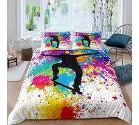 Housse de Couette 220x240 Skateboard Parure de Lit Adulte 2 Personnes Microfibre Respirante Graffitis Colorés Ensemble de Literie avec Fermeture Éclair et 2 Taies d'oreiller b-3365