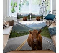 Housse de Couette 220x240 Vache sur la Route Parure de Lit 2 Personnes Animaux de la Ferme Imprimé 3D Microfibre Doux Housses Couettes avec Fermeture Éclair et 2 Taies d'oreiller H.2034