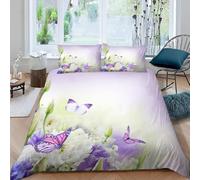 Housse de Couette 220x240 Violet Parure de Lit Papillons Floraux Imprimé 3D Sets de Housses de Couettes en Microfibre Doux avec Fermeture Éclair et 2 Taies d'oreiller A-4849
