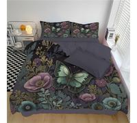 Housse de Couette 220x240cm avec 2 Taies d'oreiller 65x65 cm Coquelicots Et Papillons Parure de lit 3 Pièces Illustrations Fantastiques Housse de Couette avec Fermeture Éclair pour 2 Personnes, Vert