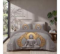 Housse de Couette 220x240cm avec 2 Taies d'oreiller 65x65 cm Parure de lit Flammes Statue Bouddha Parure de Linge Méditation Spirituelle Réversible pour 2 Personnes, Gris Argenté