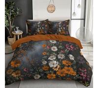 Housse de Couette 220x240cm Fleurs rétro Parure de Housse de Couette avec Illustrations de Fleurs Sauvages De Rêve Et Nuages Blancs Parure de Lit pour 2 Personnes, Couleur Orange