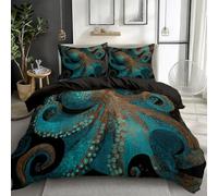 Housse de Couette 220x240cm - Réaliste Pieuvre Océan Animaux Parure de Lit Adulte, Bleu-Vert avec 2 Taies d'oreiller 65x65 cm - Microfibre Parure Couette 2 Personnes avec Fermetures éclair
