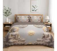 Housse de Couette 220x240cm Réversible avec 2 Taie Oreillers 65x65 cm - Bas-Relief De Bouddhas Assis - Parure de Lit l'art Zen Parure Couette en Microfibre Douce avec Fermeture Éclair, Gris Argenté