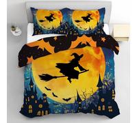 Housse de Couette 220x240cm Sorcière Parure de lit Microfibre Lune Maison Hantée Halloween 3D Imprimé avec Fermeture Éclair Parure de Lit 2 Personnes avec 2 Taies d'oreiller 65x65cm,Orange Noir