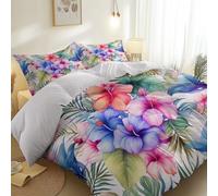 Housse de Couette 240 x 220 cm - Aquarelle Fleurs Tropicales Feuilles Imprimer Doux Parure de Lit avec Fermetures éclair, Blanc Réversible Housse de Couette avec 2 Taies d'oreiller